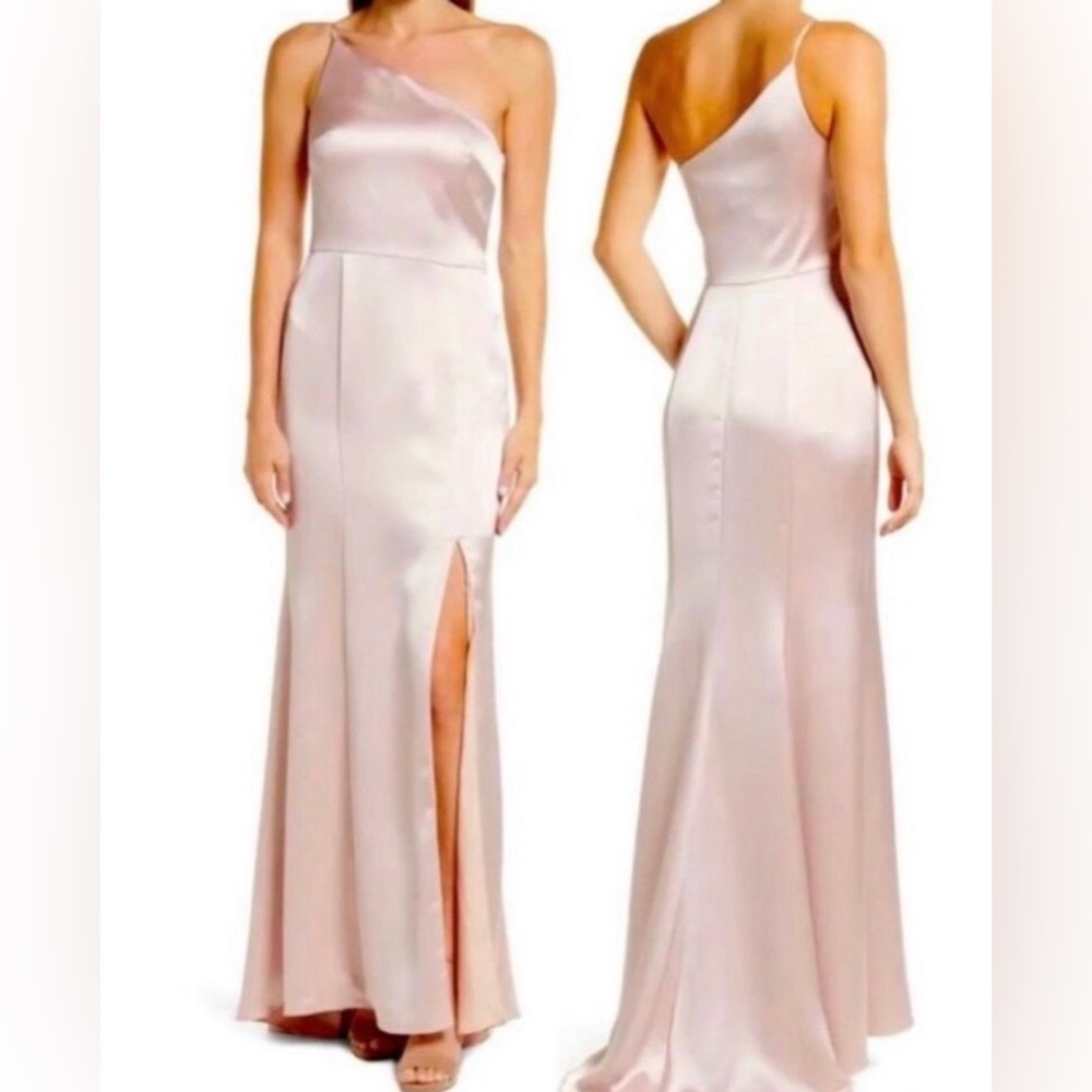 NWT Amsale Kai One shoulder Satin Gown Bridal dress Rose quartz size 4